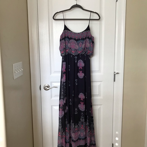 Navy with multicolored design maxi dress. - Picture 1 of 8